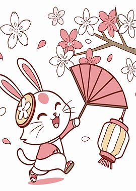 Cute Bunny with Fan and Lantern