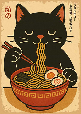 Black Cat Eating Ramen Illustration