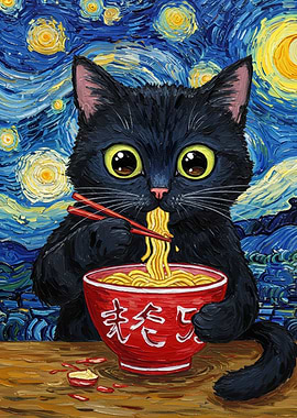 Black Cat Eating Ramen Van Gogh Style