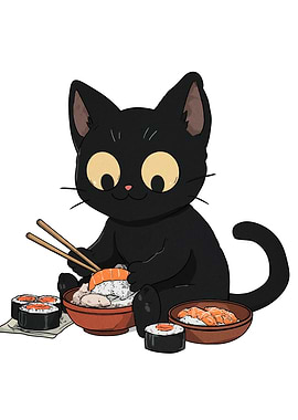 Black Cat Eating Sushi Illustration