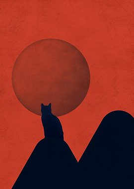 Cat Silhouette Under a Red Moon