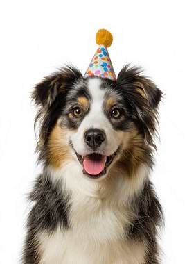 Miniature American Shepherd Dog with Party Hat