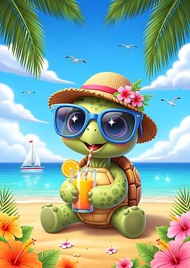 Cartoon Turtle on Beach with Drink