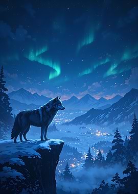 Wolf on Cliff Under Aurora Borealis