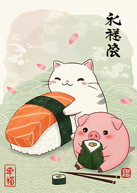 Sushi Feast with Cat and Pig