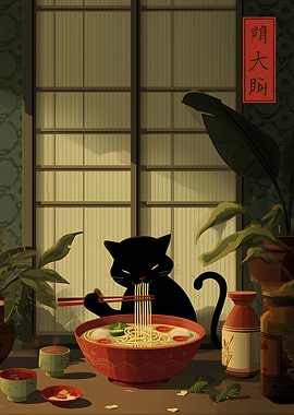 Black Cat Eating Ramen Japan