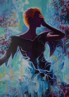 Contemplative Figure in Abstract Floral Setting