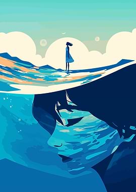 Woman in Water Minimalist Abstract Art Illustration