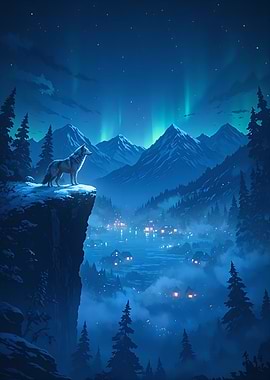 Wolf Standing on Clif in Aurora Borealis Night