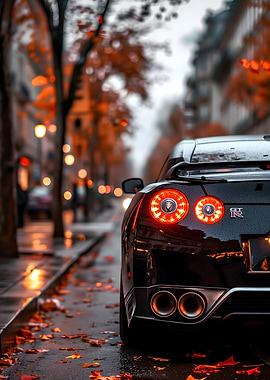 Black Nissan GT-R on Autumn Street