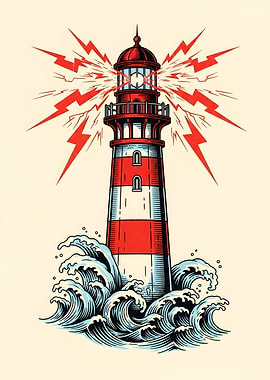 Lighthouse with Lightning and Waves