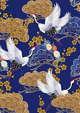 Japanese Cranes and Floral Pattern