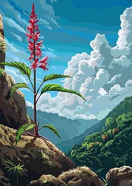 Red Flower on Rocky Mountain Landscape