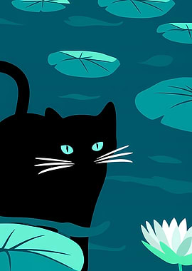 Black cat in a pond