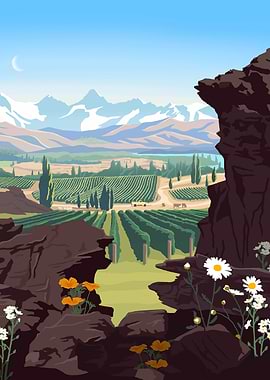 Vineyard Landscape with Mountains and Flowers
