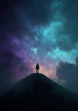 Silhouette on Peak Under Nebula Sky