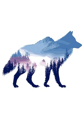 Wolf Silhouette with Mountain Landscape