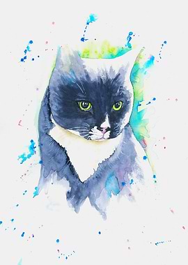Watercolor Painting of a Tuxedo Cat
