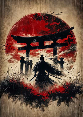 Samurai Silhouette with Torii Gate