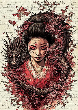 Geisha and Dragon with Cherry Blossoms