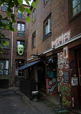 Urban Alleyway with Graffiti and Mask