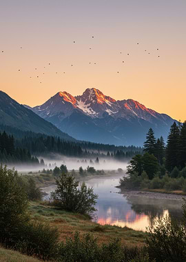 Mountain River at Sunrise with Fog