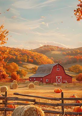 Autumn Barn Landscape with Pumpkins
