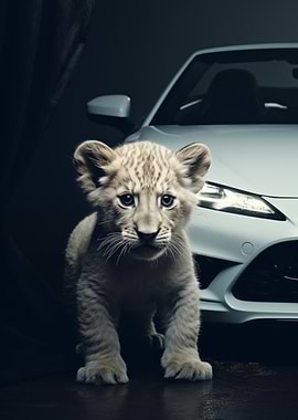 Lion Cub and White Car