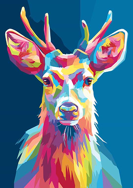 Colorful Deer Portrait on Blue Background
