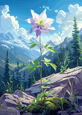 Columbine Flower in Mountain Landscape