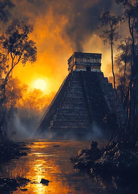Mayan Pyramid at Sunset
