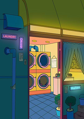 Cartoon Laundry Shop at Night