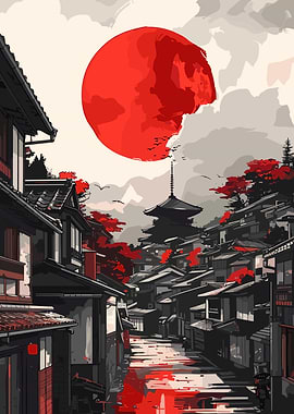 Japanese Street with Red Sun