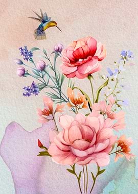 Watercolor Floral Bouquet with Hummingbird