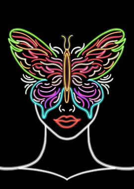 Neon Butterfly Mask Woman Portrait