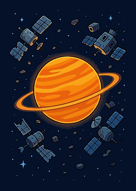 Cartoon Saturn with Satellites and Debris
