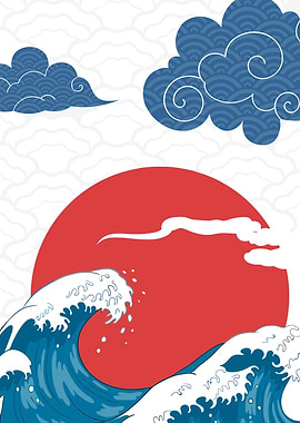 Japanese Wave Art with Sun and Clouds