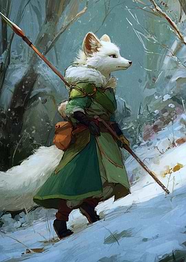 Anthropomorphic Fox Warrior in Snowy Landscape