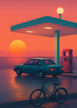 Sunset Gas Station with Car and Bike