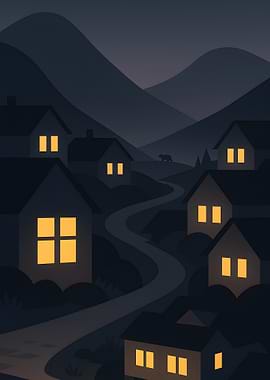 Night Village with Winding Road