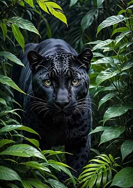 Black Panther in Lush Jungle Foliage