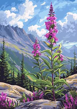 Mountain Landscape with Purple Flowers