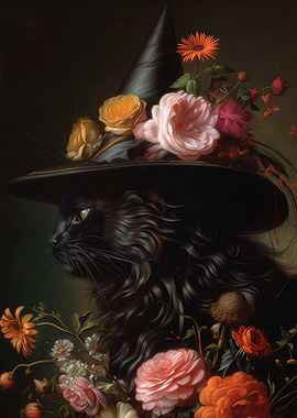 Black Cat Witch with Floral Hat