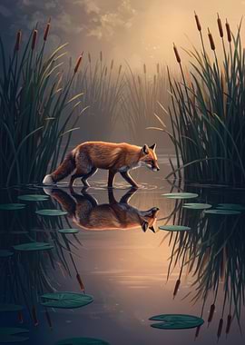 Fox in Water Reflection Art