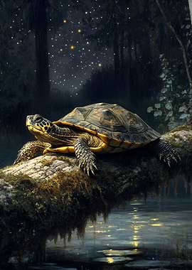 Turtle on a mossy log at night