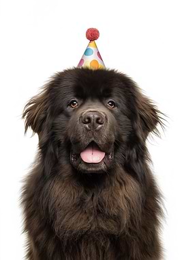 Brown Newfoundland Dog with Party Hat