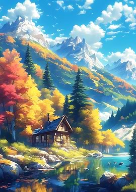 Autumn Cabin by the Lake