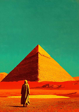 Pyramid and Figure in Desert Landscape