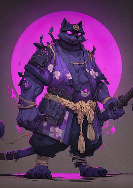Samurai Cat Warrior with Purple Moon