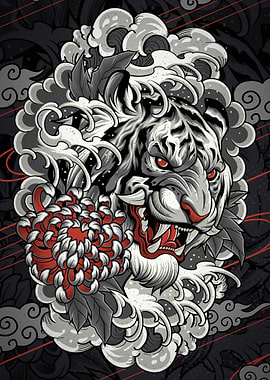 White Tiger with Chrysanthemum Illustration